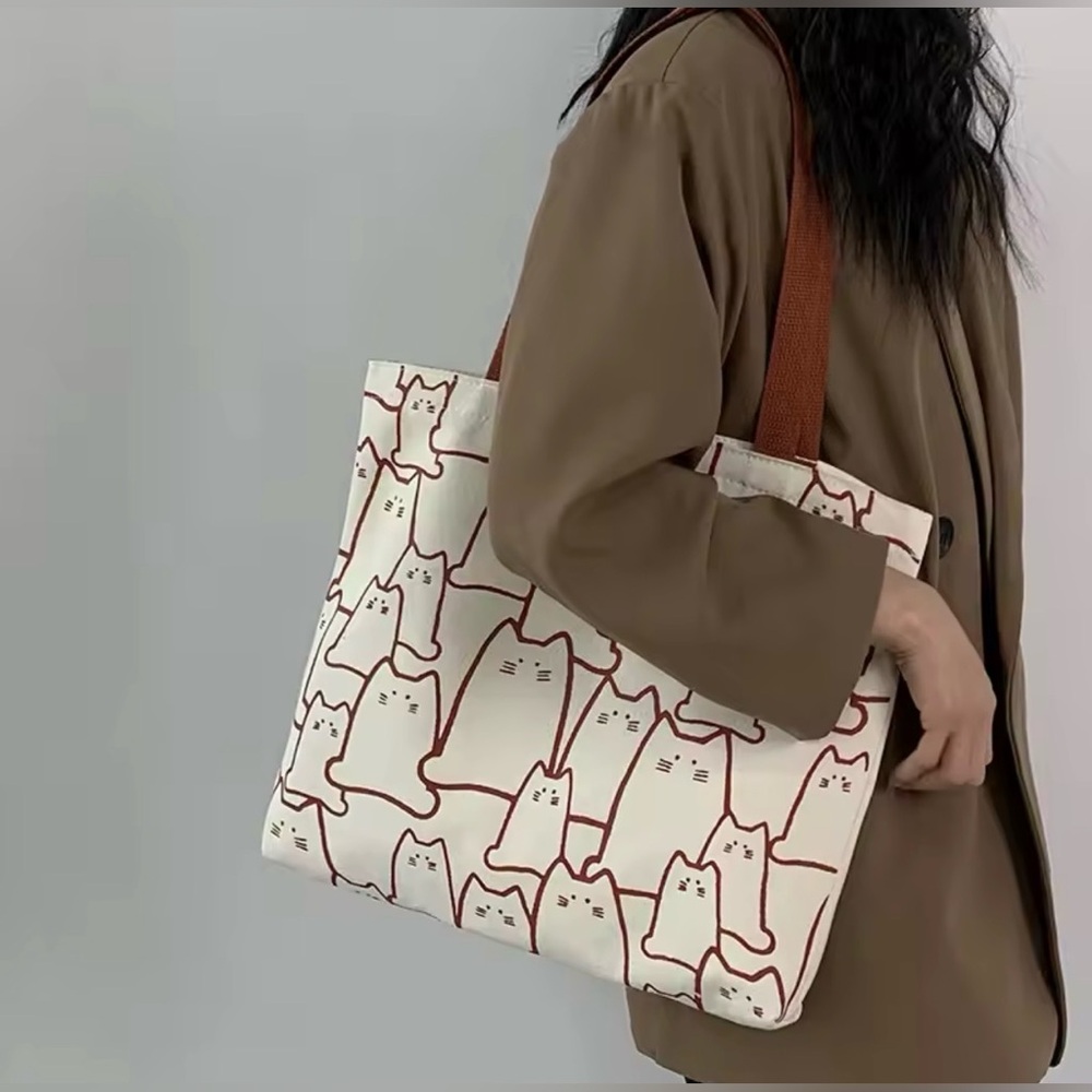 Beige Cat Print Canvas Tote Bag